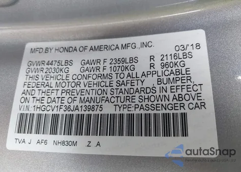 2018 Honda Accord Sport z USA, uszkodzony, nr VIN 1HGCV1F36JA139875